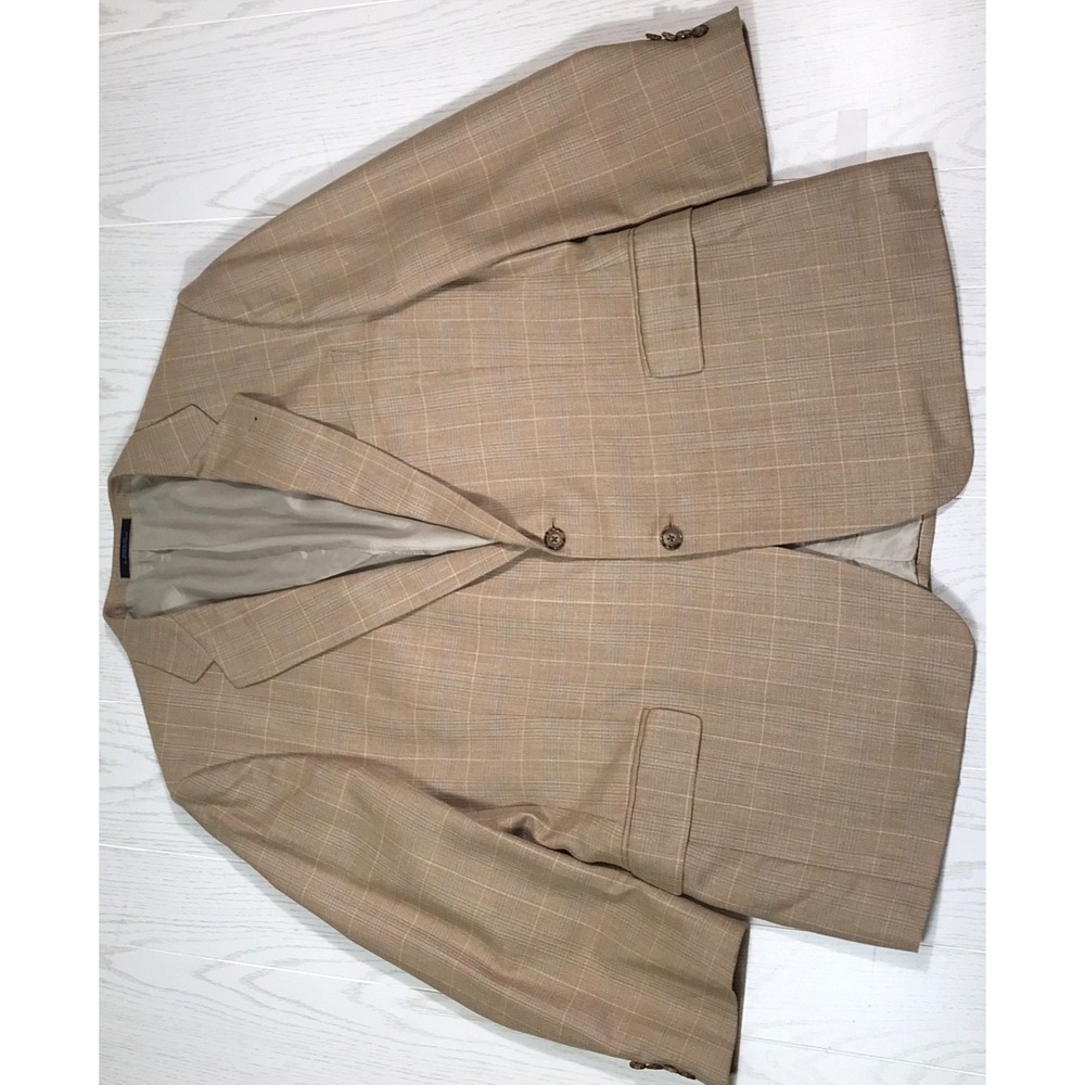 Joseph Abboud Blazer Men 46R Brown Windowpane Wool Silk Linen Business Dad Work